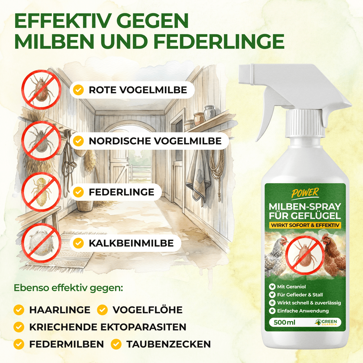 Milben-Abwehrspray für Hühner & Geflügel – Power-Konzentrat 500 ml - Green Guardia - Ihr Experte für Schädlinge und Pflanzen