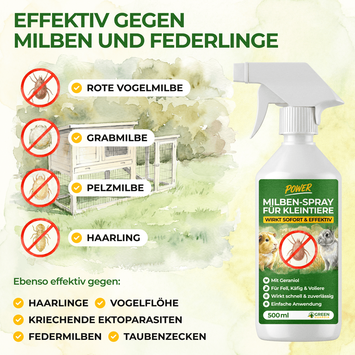 Milben-Abwehrspray für Kleintiere – Power-Konzentrat 500 ml - Green Guardia - Ihr Experte für Schädlinge und Pflanzen